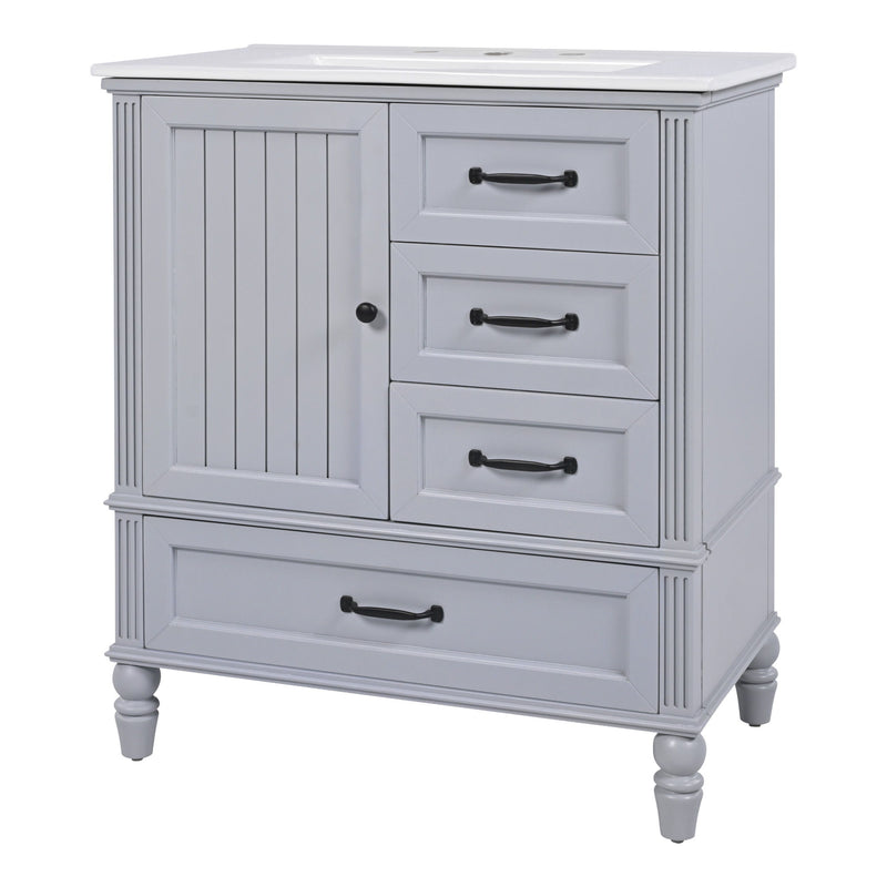 30" Bathroom Vanity With Sink, Bathroom Cabinet With A Door, 3 Drawers Legs, Adiustable Foot Pads - Gray