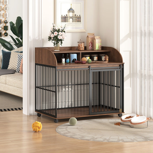 Heavy Duty Dog Crate Furniture For Medium Dog With Lockable Wheels, Wooden Dog Crate Dog Kennel, End Table Crate With Double Layer Storage