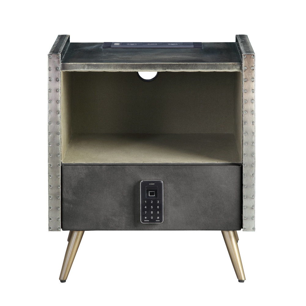 Doris - Nightstand With USB & Electric Lock - Gray Top Grain Leather & Aluminum - Urban Living Furniture (Los Angeles, CA)