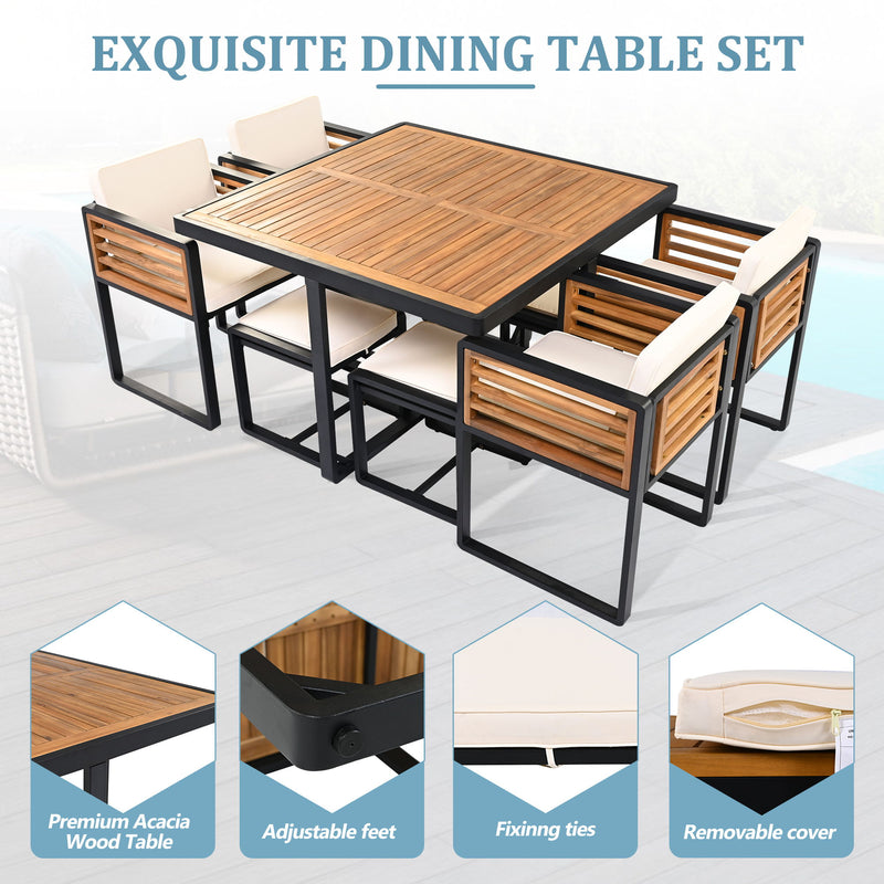 Acacia Wood Patio Dining Set, Cushioned Chairs & Ottomans Square Table
