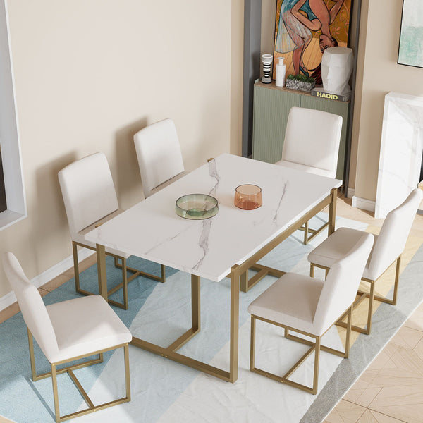 Modern Dining Table Set For 6 Faux Marble Kitchen Table Set With 6 Upholstered Dining Chairs, 7 Piece - White / Golden