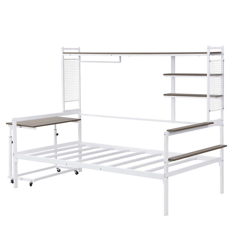 Daybed With Movable Desk, Grid, Shelves And Clothes Hanger