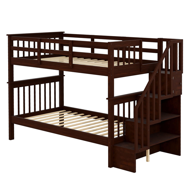 Stairway Bunk Bed With Storage And Guard Rail For Bedroom
