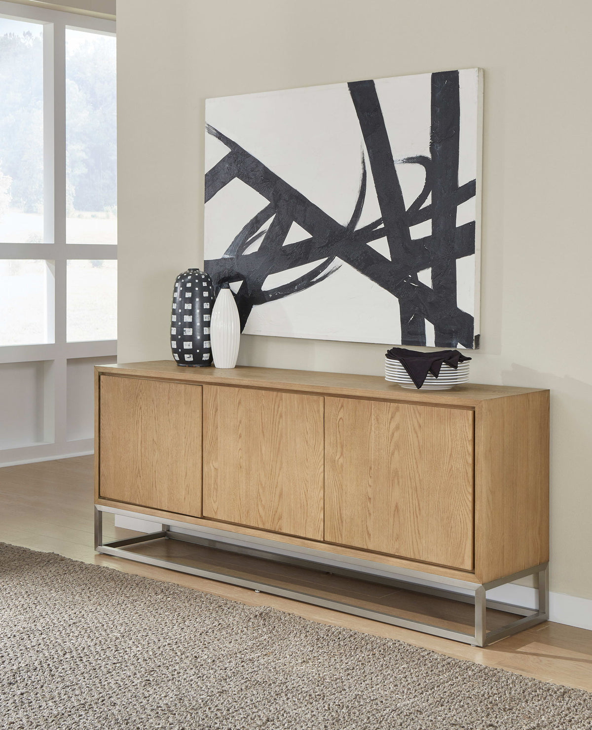 One - Modern Coastal Metal Base Sideboard - White Oak And Brushed Stainless Steel