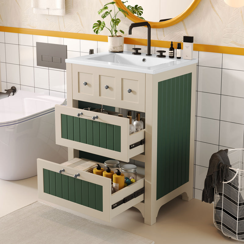 Bathroom Vanity With Ceramic Sink, Bathroom Vanity Cabinet With 2 Drawers, Wooden Bathroom Sink Cabinet - Beige / Green