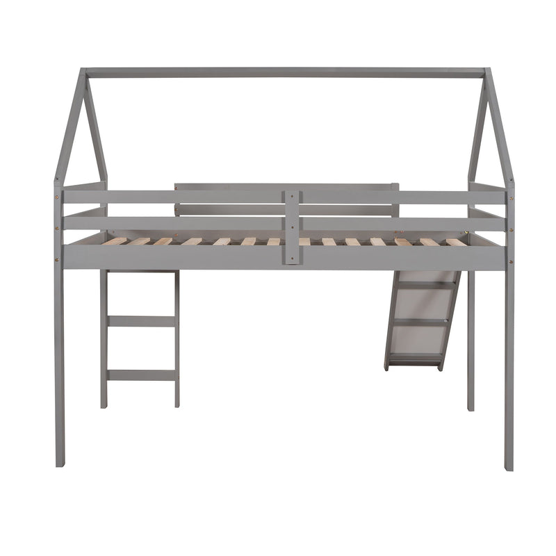 Twin Size House Loft Bed With Slide - Gray