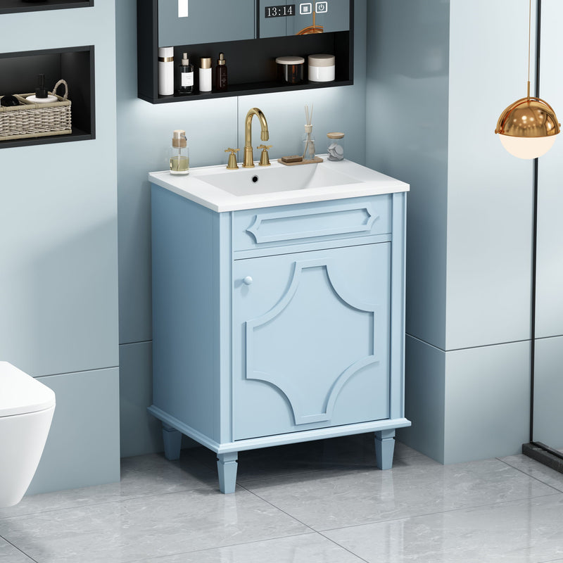 Bathroom Vanity With Ceramic Sink Combo, Modern Freestanding Storage Cabinet With Height Adjustable Shelf, Soft Closing Doors - Blue