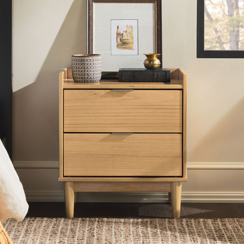 Mid Century Modern 2 Drawer Nightstand - Natural Pine