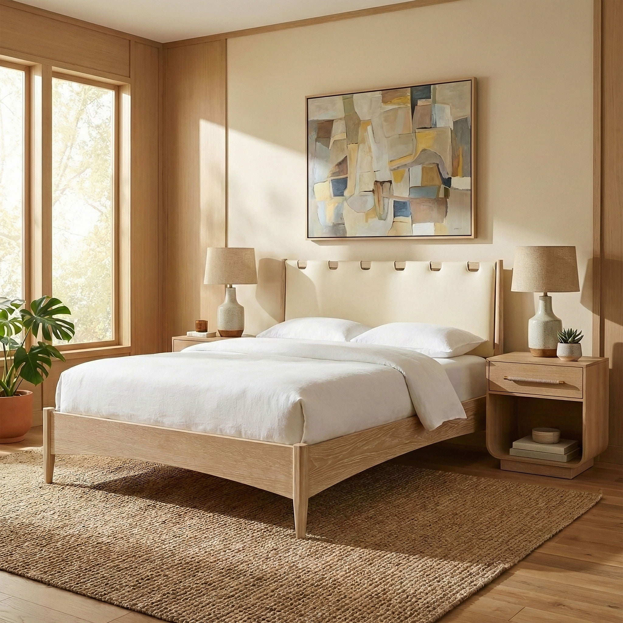 Santos - Vegan Leather Headboard And Wood Bed - Waxed Natural Frame - Urban Living Furniture (Los Angeles, CA)