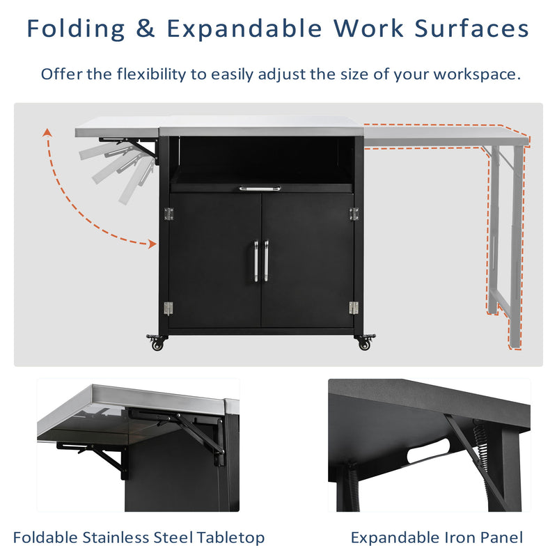 Versatile Outdoor Cabinet With Folding & Expandable Work Surfaces, Ample Storage Space, And Lockable Wheels - Matte Black
