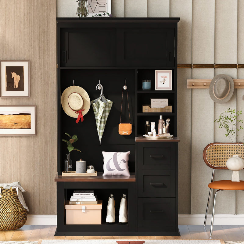 Modern Wide Hall Tree With Coat Rack, 3 Shelves And Drawers, 3 Sturdy Hooks
