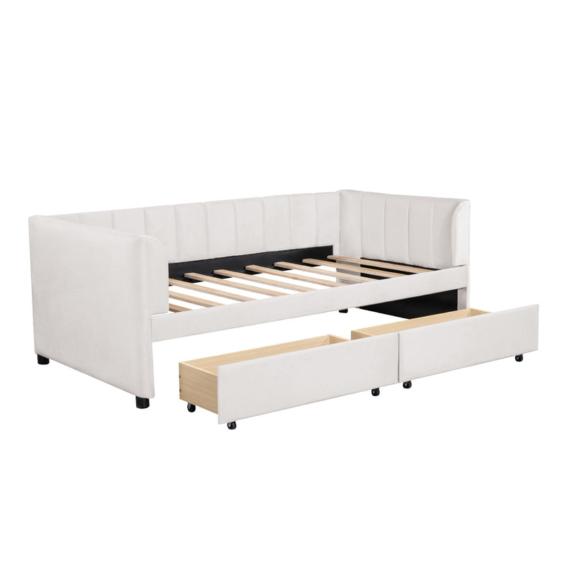 Twin Size Upholstered Daybed With Ergonomic Design Backrest And 2 Drawers - Beige