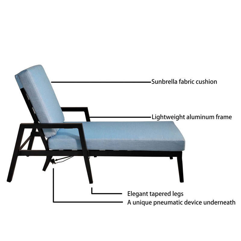3 Piece Outdoor Patio Lounge Set, 2 Chaise & 1 End Table With Modern Tapered Feet, Pneumatic Adjustable Backrest, Wheels, Sunbrella Cushion - Ember Black / Blue