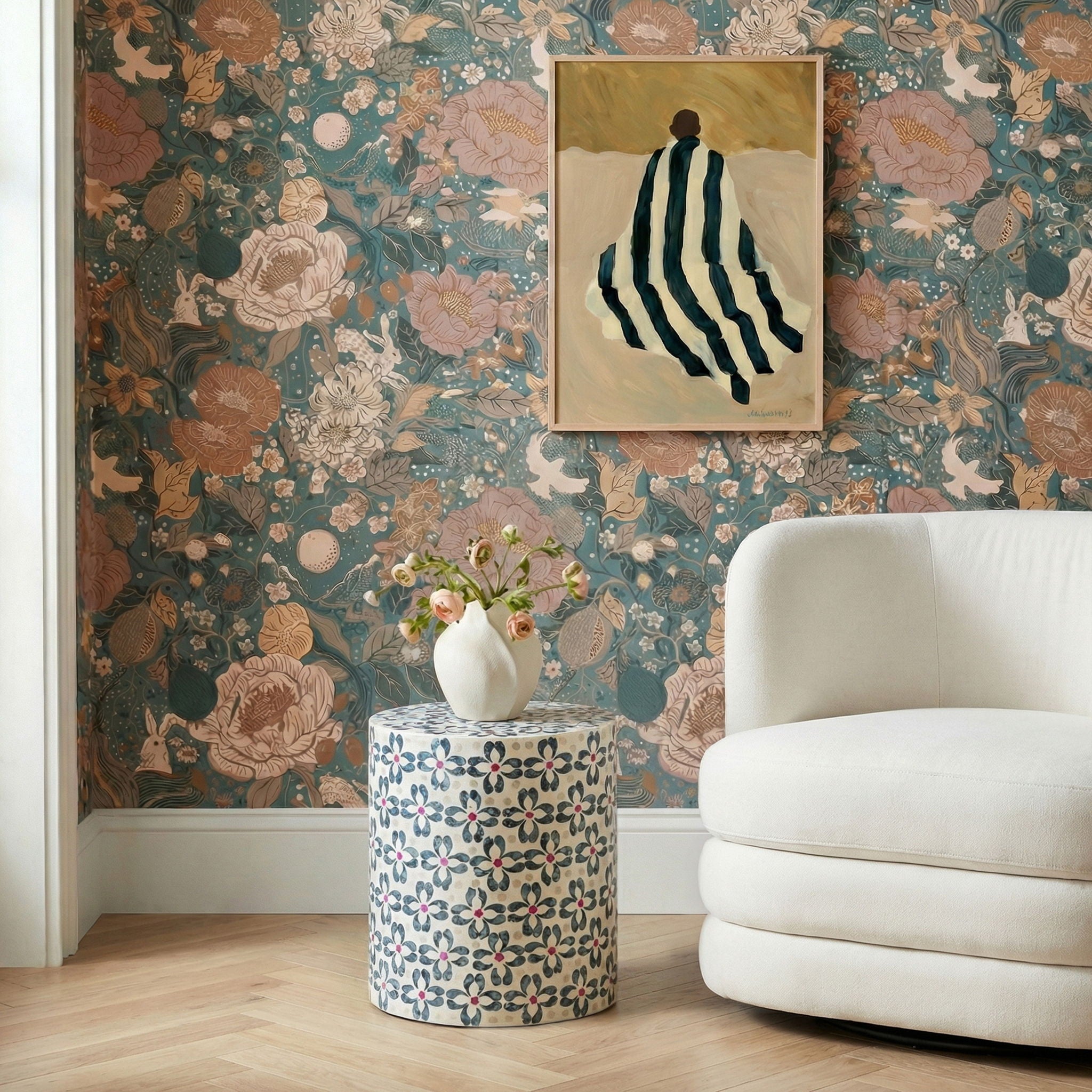 Lorna - Capiz Shell Motif Stool - Aqua Floral - Urban Living Furniture (Los Angeles, CA)