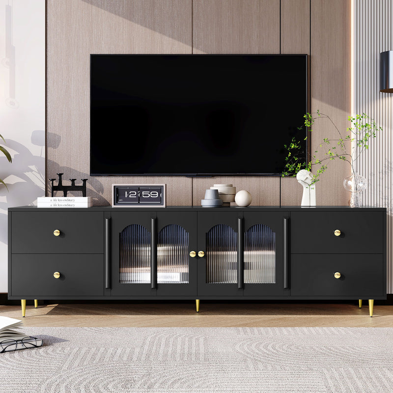 Modern TV Stand With Glass Door, 4 Drawers And 2 Cabinets