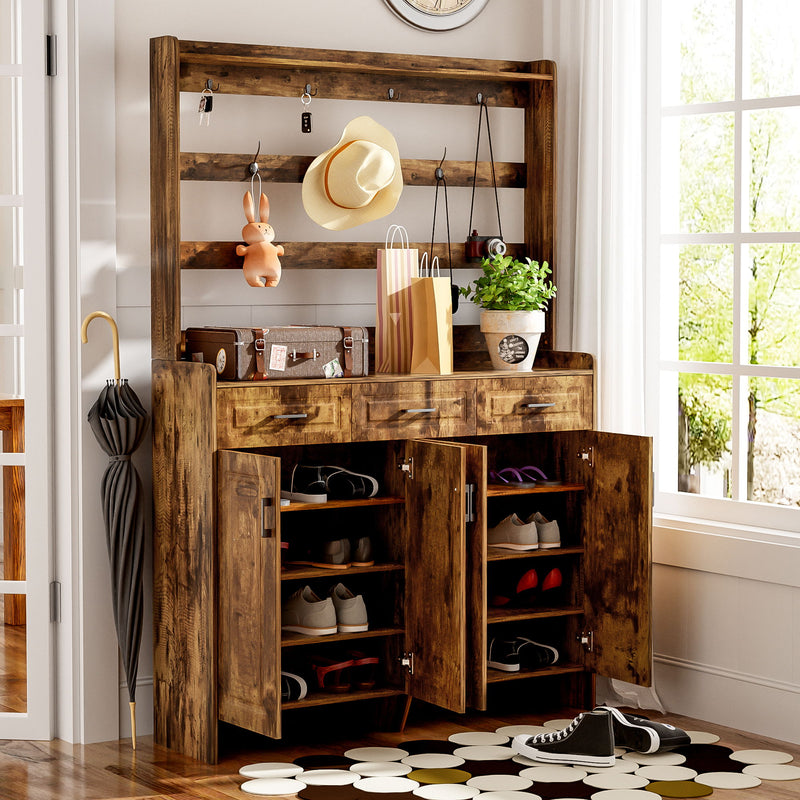 Minimalist 4 Door Shoe Cabinet With Coat Rack, 3 Drawers, 8 Shelves, Metal Hooks And Handles