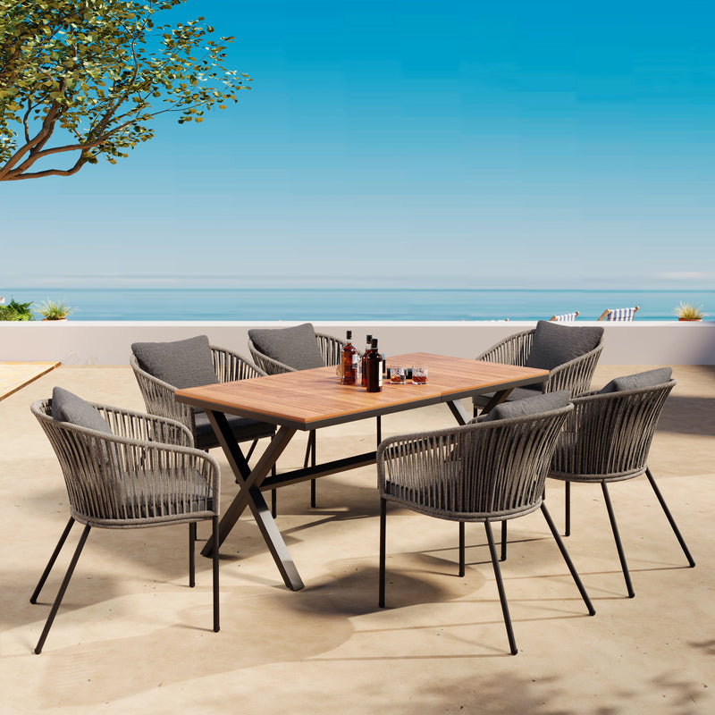 7 Pieces Patio Dining Set, All-Weather Outdoor Furniture Set With Dining Table And Chairs, Acacia Wood Tabletop, Metal Frame, For For Garden, Backyard, Balcony - Gray
