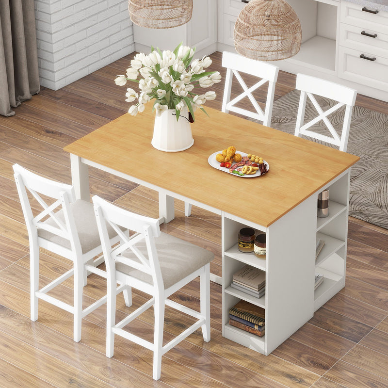 Solid Wood Farmhouse Counter Height Dining Table Set With 3 Tier Storage Shelves