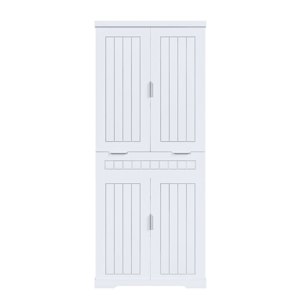 Farmhouse Style Pantry Cabinet With Drawer 2 Cabinets & 6 Door Shelves Adjustable Shelves Freestanding Cupboard - White
