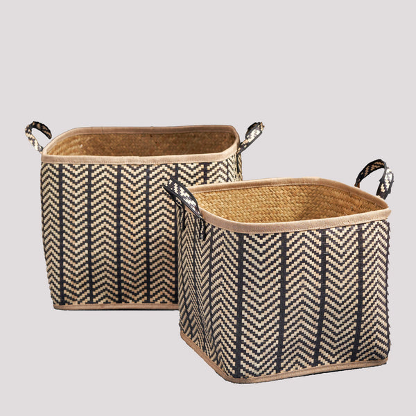 Square Palm Leaf Woven Wicker Storage Basket With Handles (Set of 2) - Back / Brown