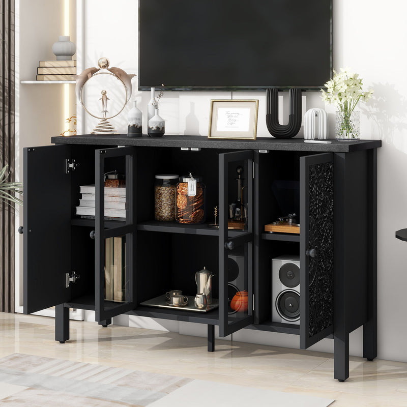 Retro TV Stand With 3 Spacious Cabinets, Glass Cabinet Doors And Anti-Tip Device