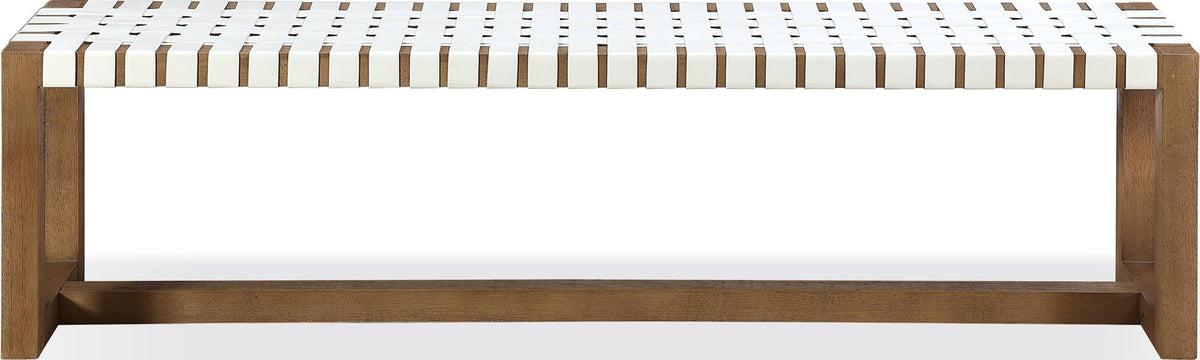 One - Woven Leather And Solid Wood Dining Bench - White And Bisque