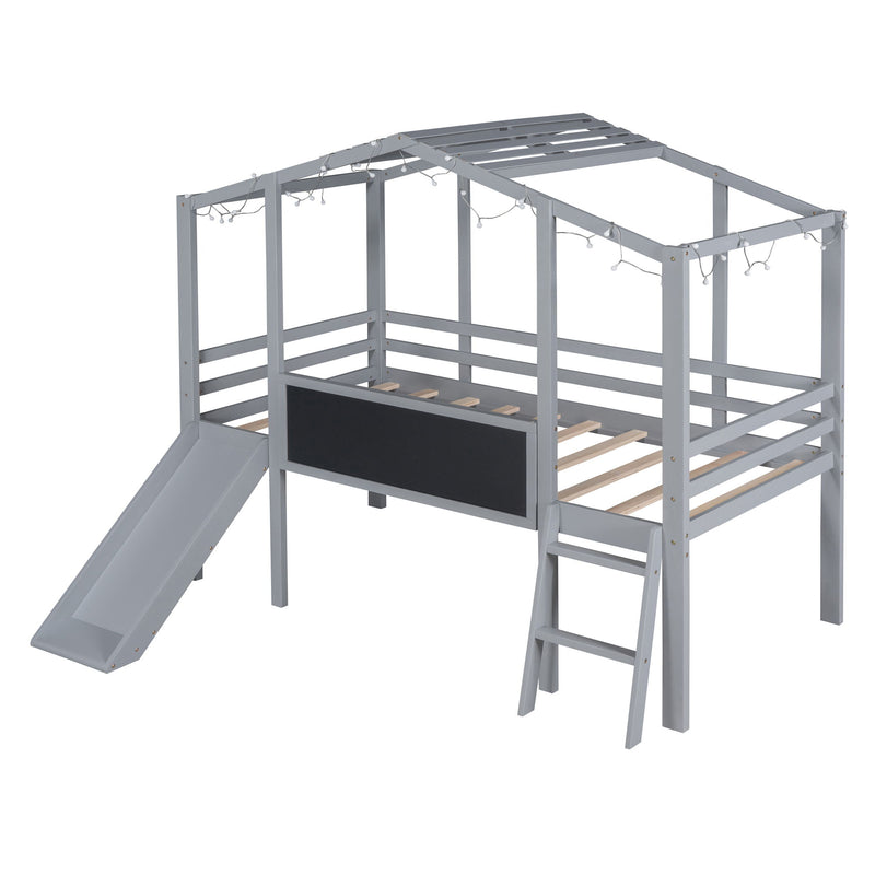 Loft House Bed With Ladder And Slide, With Blackboard And Light Strip On The Roof