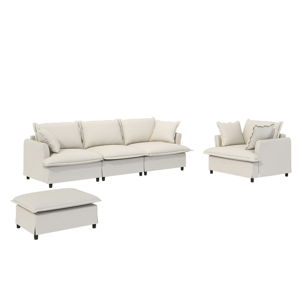 3 Piece Living Room Set Modular L Shaped Sectional Couch Upholstered, 3 Seater Sofa & Armchair & Movable Ottoman 5 Seat - Beige