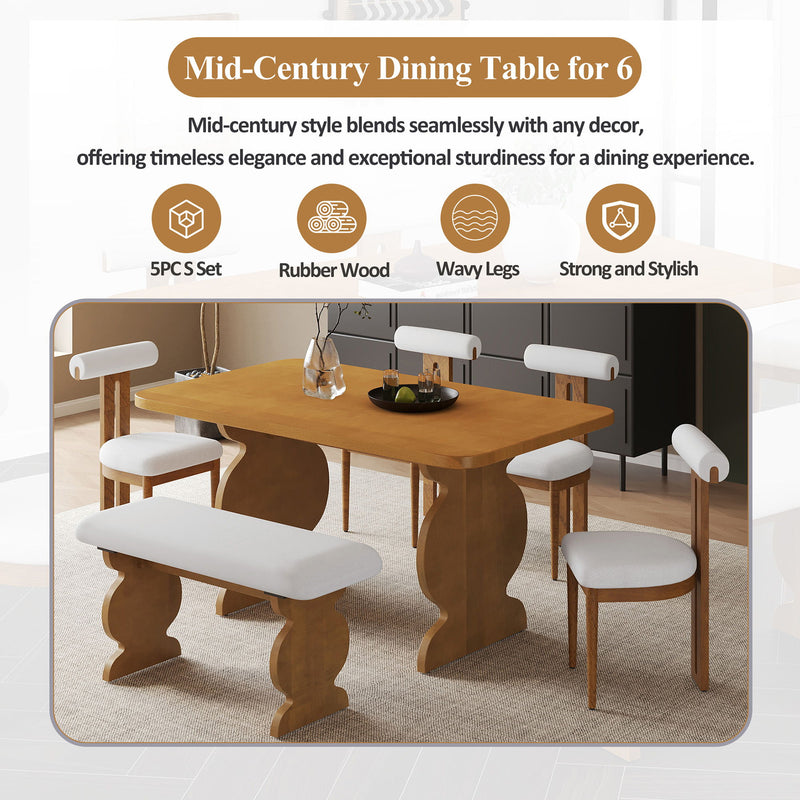 Mid-Century Modern Table Set For 6 Persons With 4 Chairs And Bench, Padded Seats And Backrest
