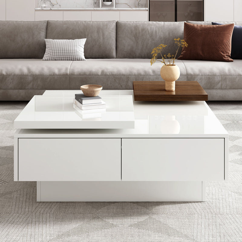 Movable Square Top Coffee Table With 4 Hidden Storage Drawers