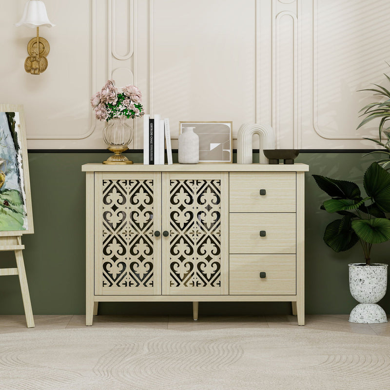Hollowed Out Cabinet With 2 Door 3 Drawers, American Furniture, Suitable For Bedroom, Living Room, Study - Natural