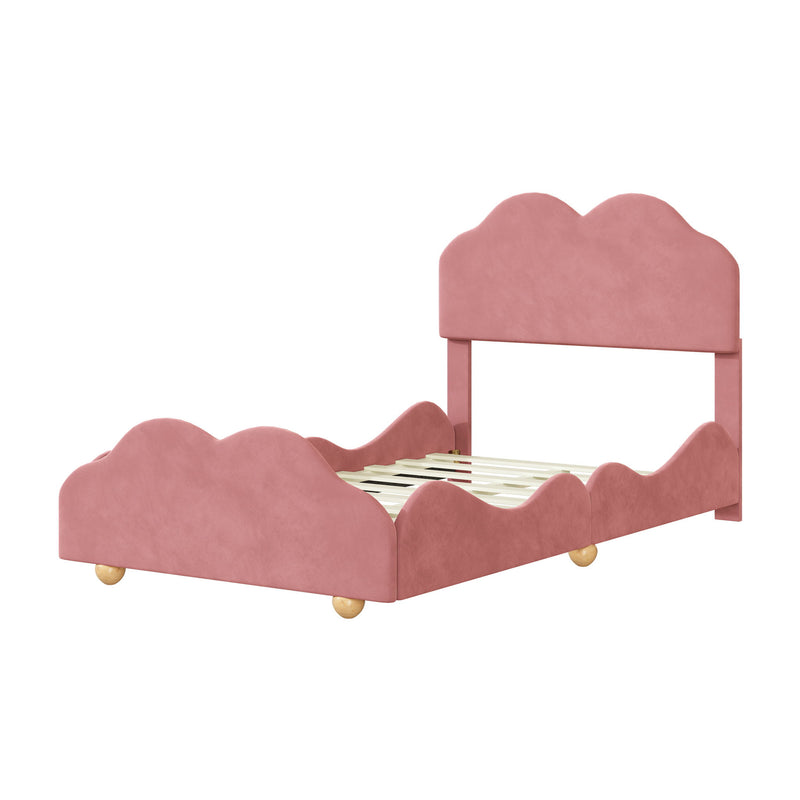 Twin Size Upholstered Platform Bed With Cloud Shaped Board - Dark Pink