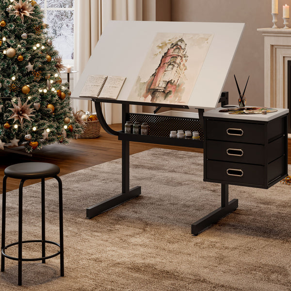 Adjustable Drafting Drawing Table With Stool And 3 Drawers - White / Black
