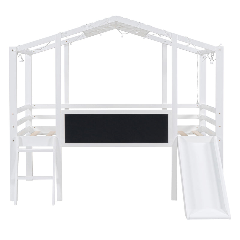 Loft House Bed With Ladder And Slide, With Blackboard And Light Strip On The Roof