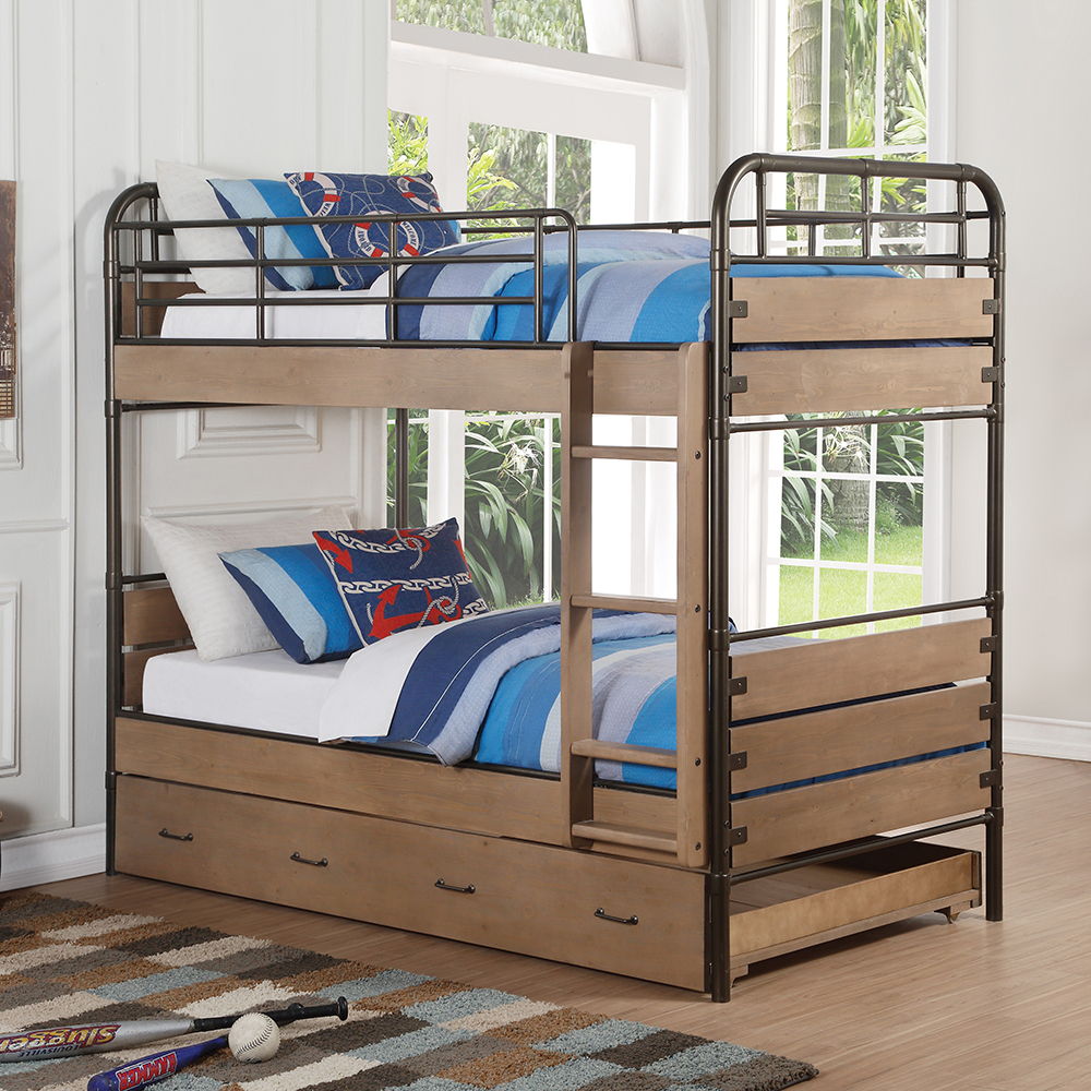 Adams - Twin Over Twin Bunk Bed With Trundle - Antique Oak & Gunmetal - Urban Living Furniture (Los Angeles, CA)