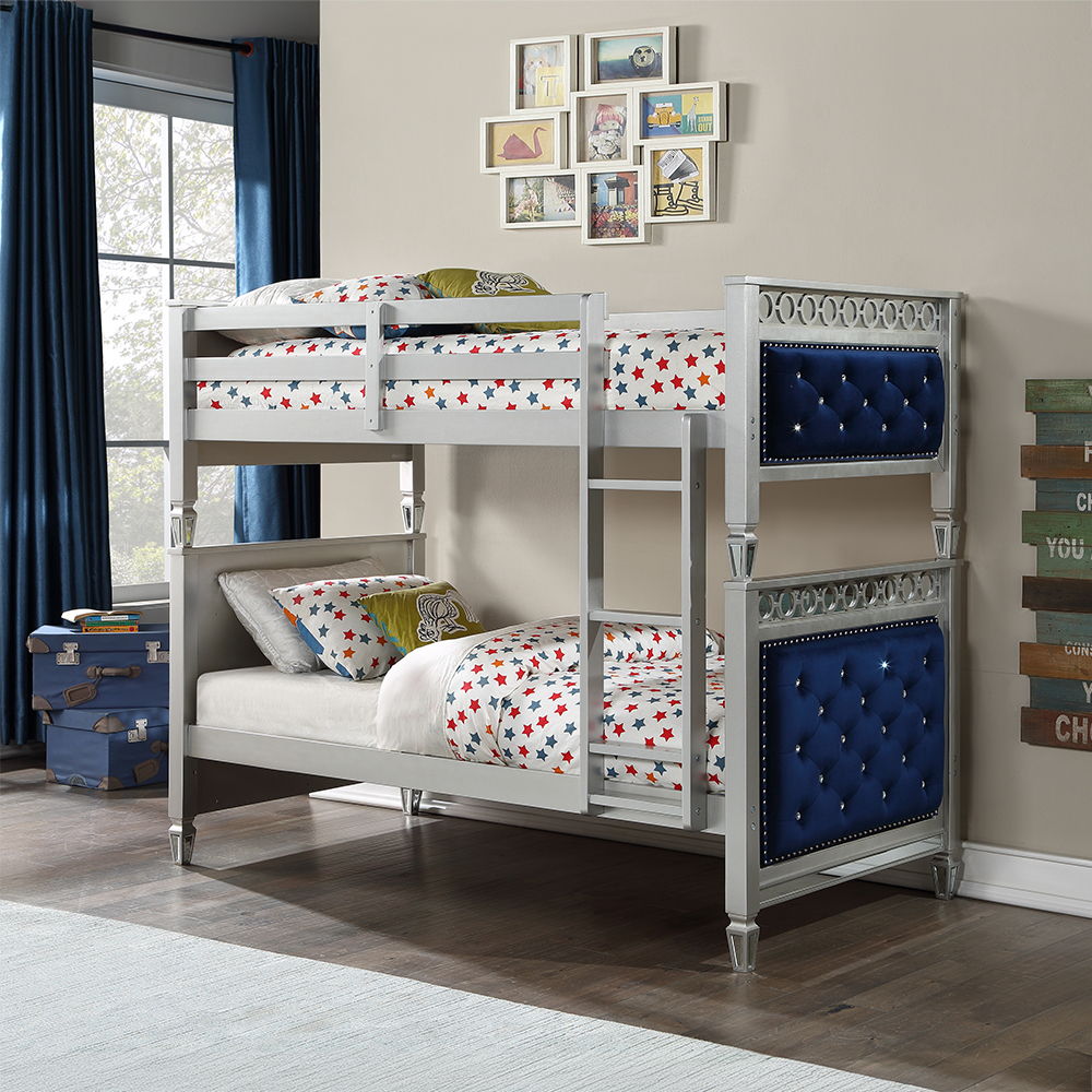 Varian - Twin Over Twin Bunk Bed - Blue Velvet & Silver - Urban Living Furniture (Los Angeles, CA)