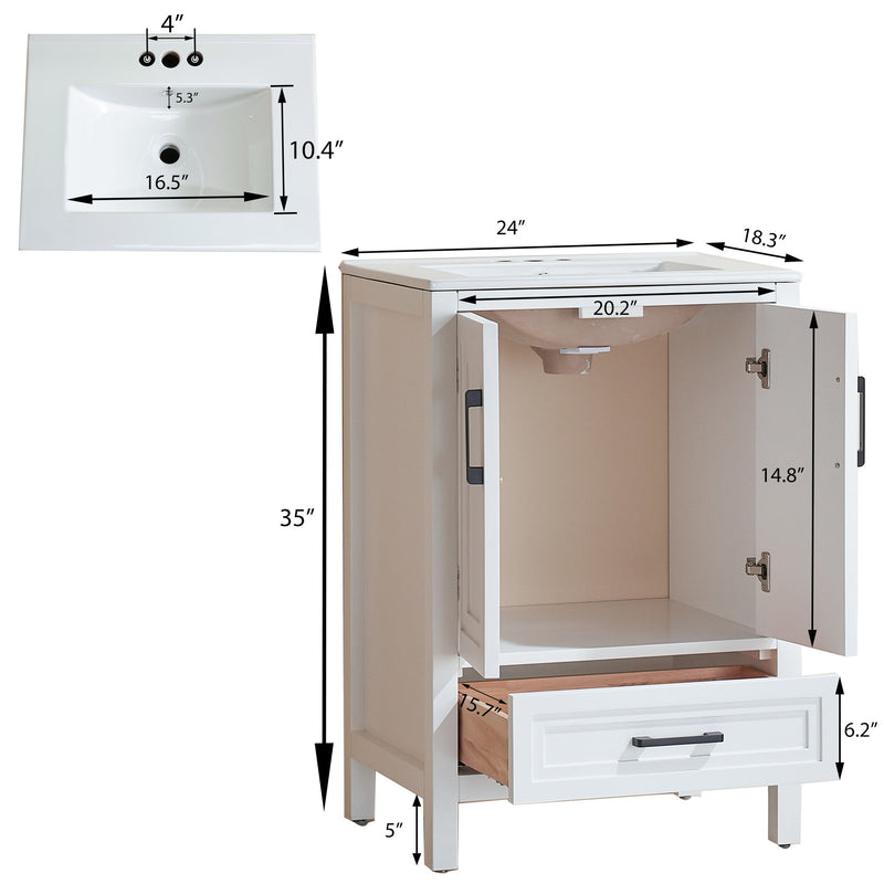 Fully Assembled 24'' Freestanding Single Bathroom Vanity With Ceramic Top - White