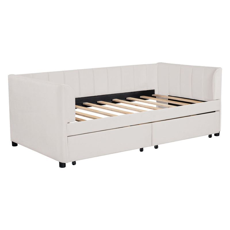 Twin Size Upholstered Daybed With Ergonomic Design Backrest And 2 Drawers - Beige
