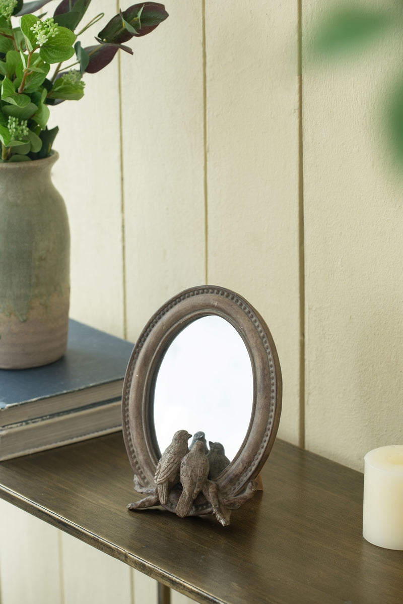 Corella - Oval Bird Mirror With Resin Frame Desk Mirror With Stand For Counter Bedroom Bathroom - Brown