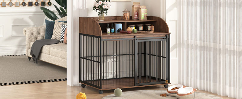 Heavy Duty Dog Crate Furniture For Medium Dog With Lockable Wheels, Wooden Dog Crate Dog Kennel, End Table Crate With Double Layer Storage