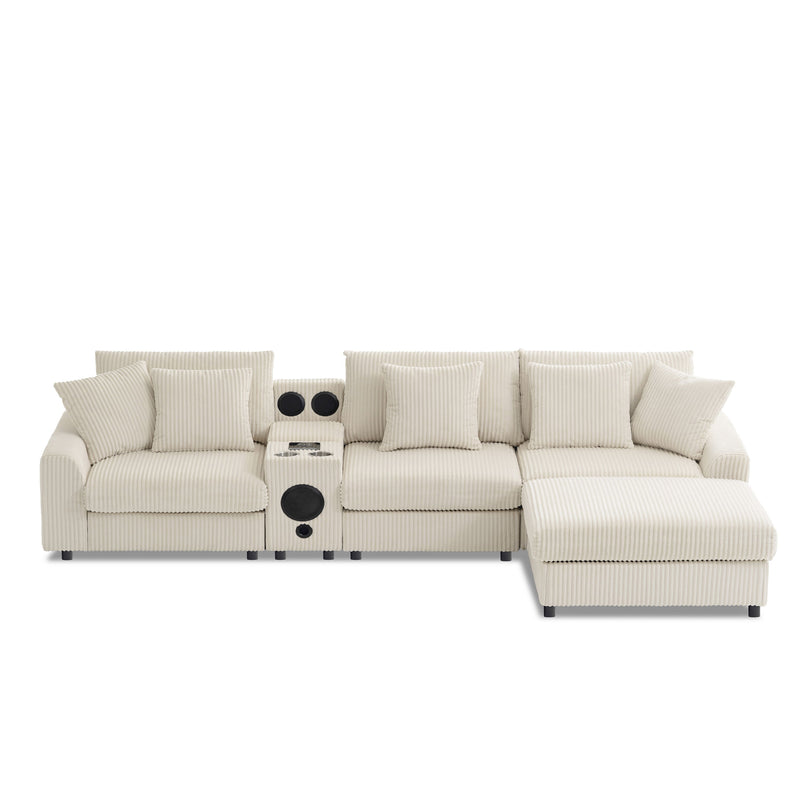 Sectional With Bluetooth Speakers L Shaped Couch With Console USB Charger, Cup Holders Storage Ottoman Deep And Wide Seat Cloud Sofa