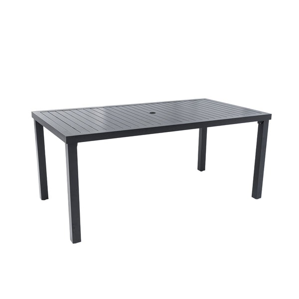Modern Rectangular Outdoor Patio Dining Table With Post Leg Design, Rust Free & Weather Resistant, Adjustable Foot Pads, Umbrella Hole With Matching Cover - Ember Black