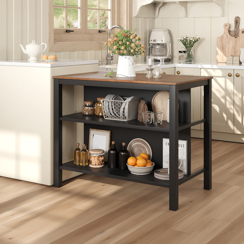 Rustic 3 Piece Stationary Kitchen Island Set With 2 Seatings, With 2 Open Shelves