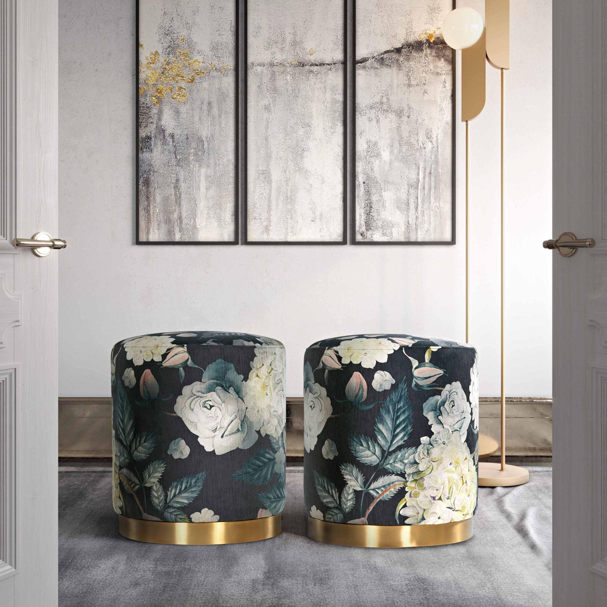 Opal - Floral Velvet Ottoman With Gold Base - Dark Gray - Urban Living Furniture (Los Angeles, CA)
