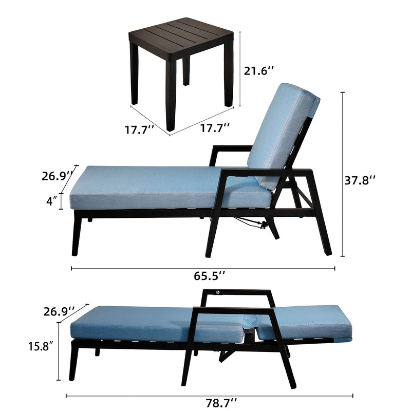 3 Piece Outdoor Patio Lounge Set, 2 Chaise & 1 End Table With Modern Tapered Feet, Pneumatic Adjustable Backrest, Wheels, Sunbrella Cushion - Ember Black / Blue