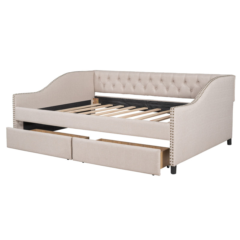 Upholstered Daybed With Two Drawers, Wood Slat Support