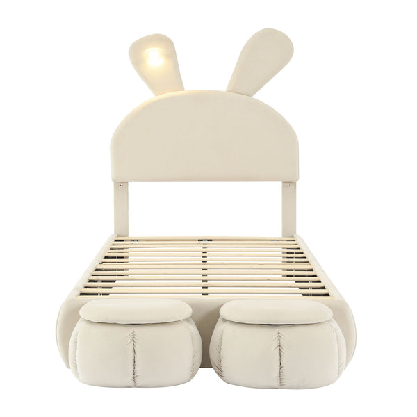 Upholstered Platform Bed With Cartoon Ears Shaped Headboard And LED Light