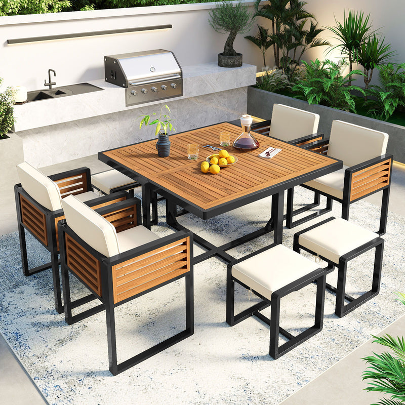 Acacia Wood Patio Dining Set, Cushioned Chairs & Ottomans Square Table