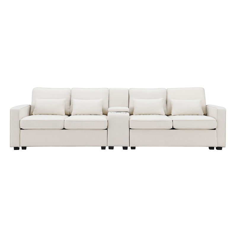 Upholstered Sofa With Console, 2 Cupholders And 2 USB Ports Wired Or Wirelessly Charged, Modern Linen Fabric Couches With 4 Pillows For Living Room, Apartment (4-Seat) - Urban Living Furniture (Los Angeles, CA)