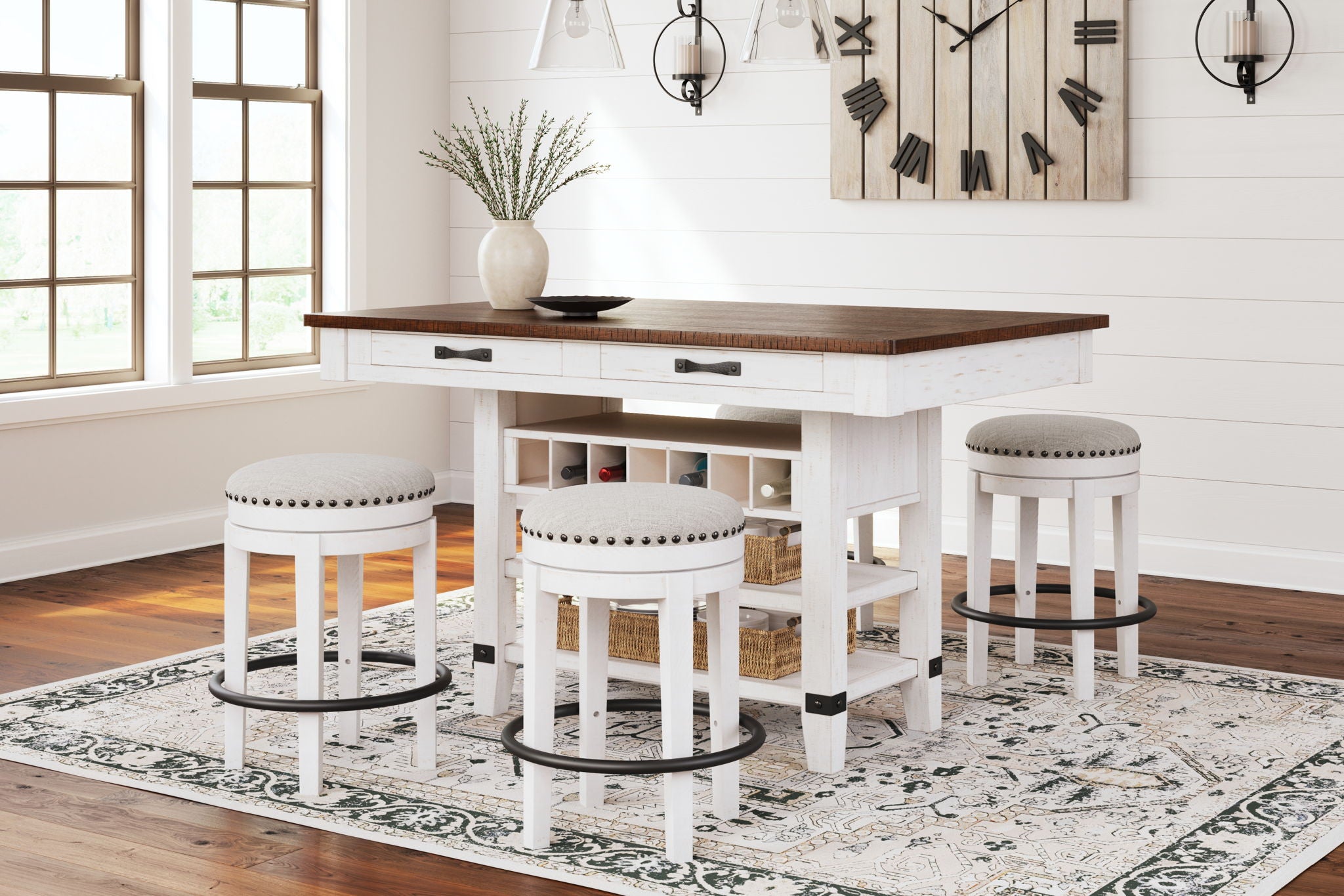 Valebeck - 5 Pc. - Counter Table With Wine Rack, 4 Swivel Stools - White / Brown - Urban Living Furniture (Los Angeles, CA)